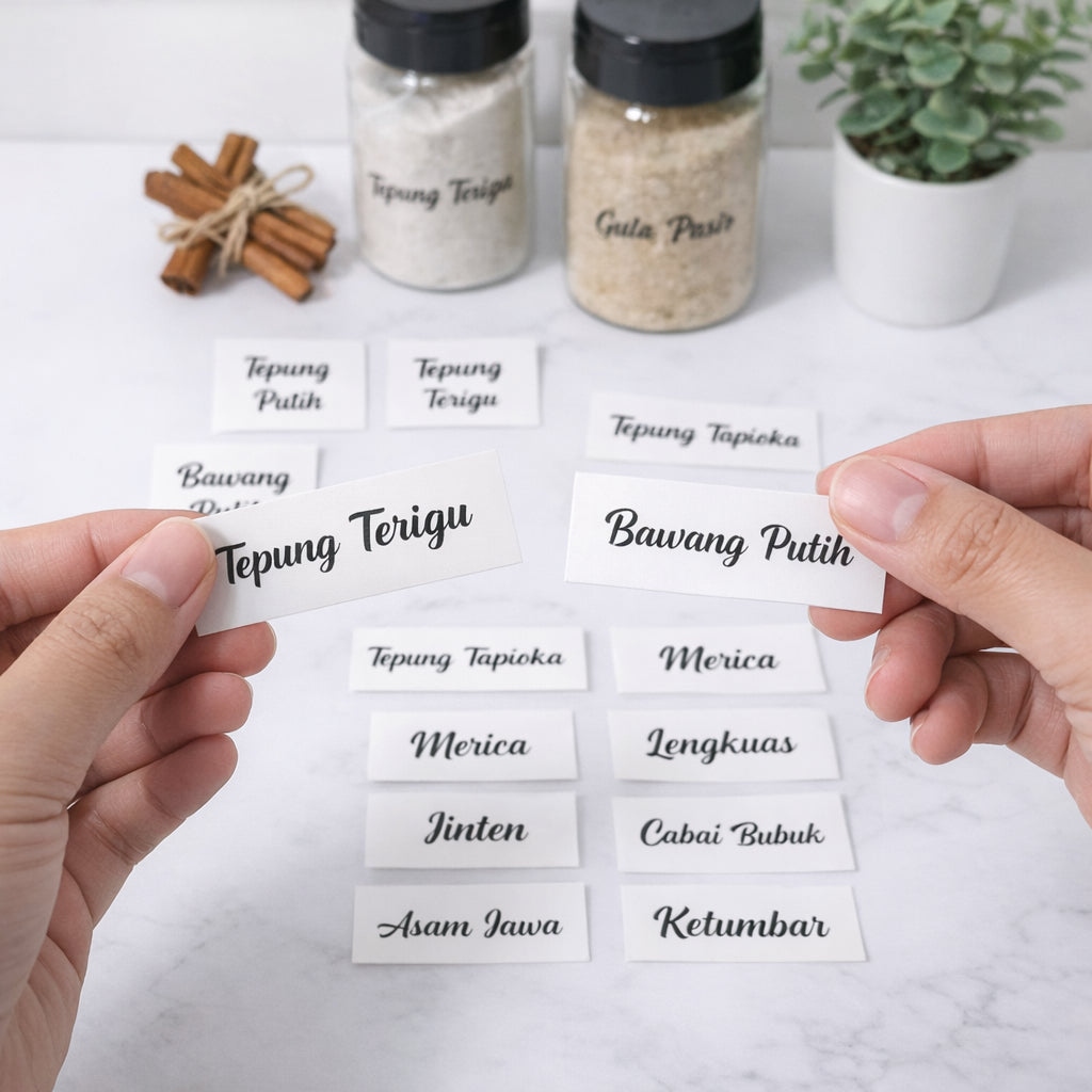 30pcs Stiker Bumbu Dapur Vinyl Waterproof Transparan Ukuran 6x2,5cm Banyak Macam Bumbu