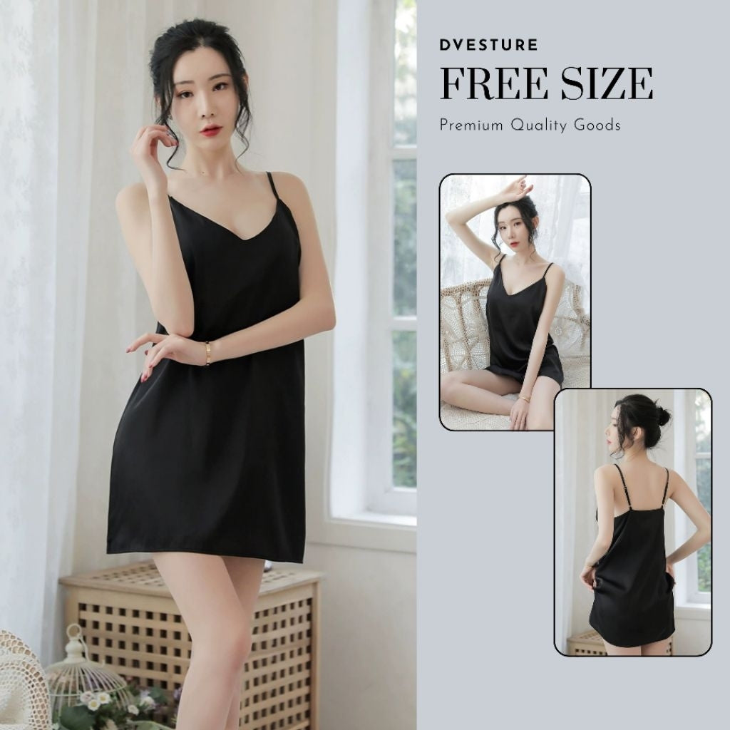 Pekanbaru Lingerie Dress Set D-133 Silk Satin Polos Hitam Baju Tidur Wanita Dewasa