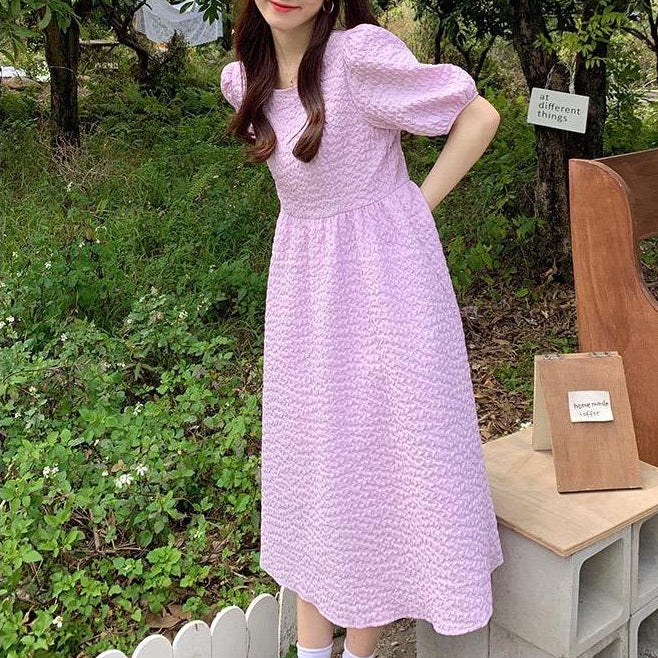 Dress Bubble Panjang Tali Punggung Motif Polos Hitam Putih Lilac Simple Elegan Dress Panjang Lengan Pendek Kasual Berkualitas Simple
