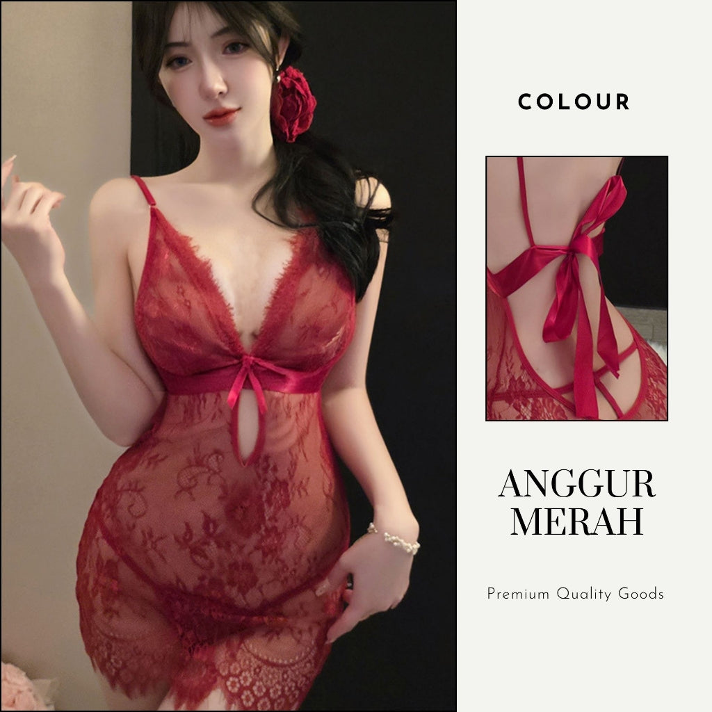 Pekanbaru Dv-166 Lingerie Dress Sweet Lace Transparan Halter V-Neck Baju Tidur Wanita Longnight