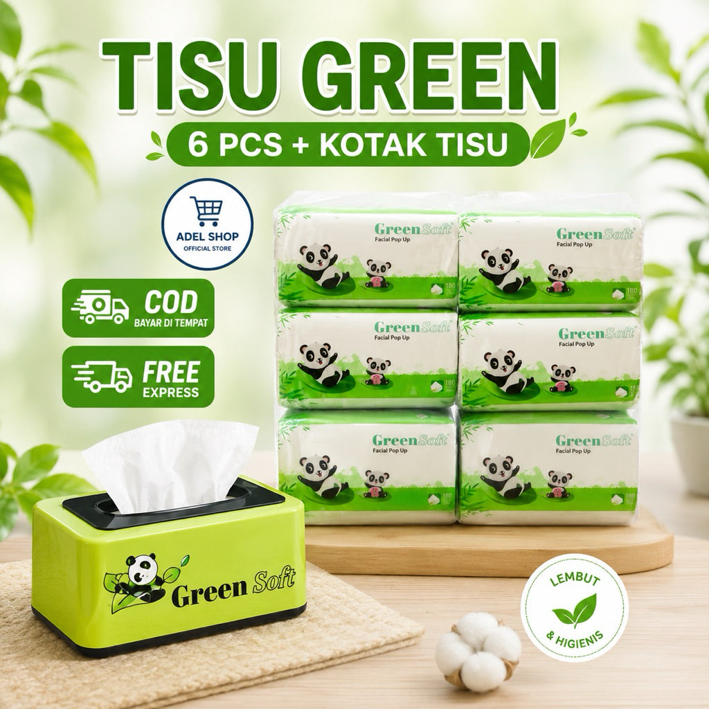 ( 1 Paket isi 6 tisu + Kotak Tisu) TISSUE GREEN SOFT FACIAL POP UP 130 SHEETS/TISU KOTAK SUPER HALUS