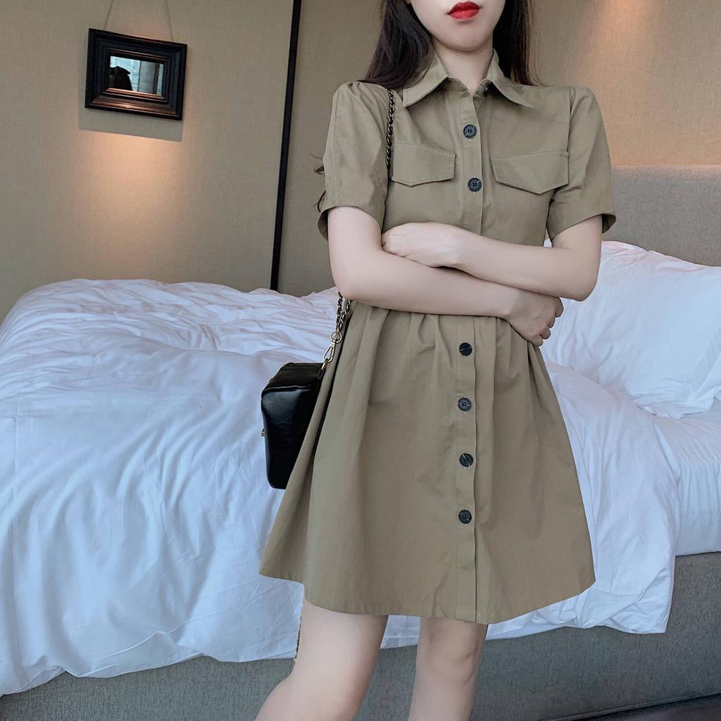 Dress Full Kancing Berkerah Simple Elegan Dress Polos Saku Kiri Kanan Berkualitas Korean Style Short Dress Model Simply Dress Lengan Pendek Unik Nyaman