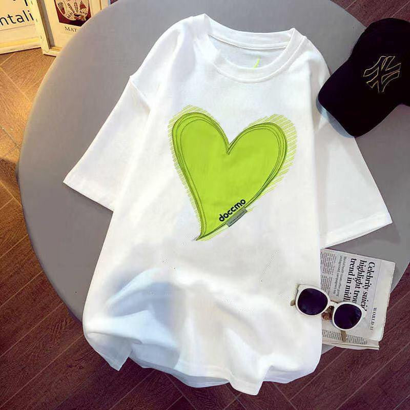 Kaos Oversize Doccmo Love Hijau Neon Jahit Love Polos T-shirt Couple Unisex Lembut Berkualitas Motif Hati Besar Green Unik Simple Korean Style
