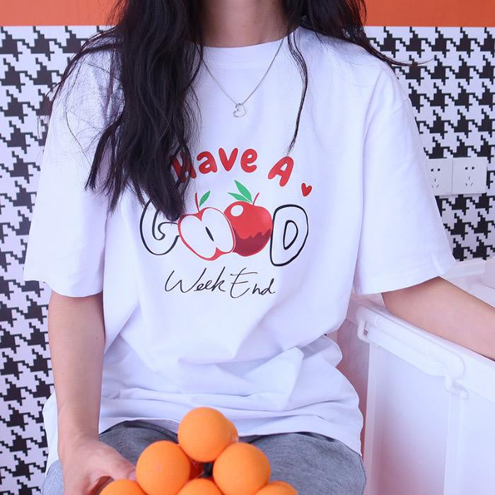 Kaos Oversize Have A Good Weekend Cute Apple Love Bahan Berkualitas T-shirt Couple Unisex Simple Unik Gambar Apel Korean Style