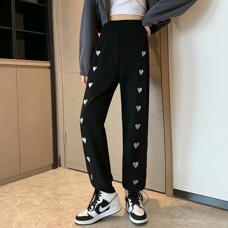 Celana Panjang Motif Love Bordir Putih Biru Hitam Abu Loose Pants Hati Mini Celana Kasual Karet Training Simple Polos Unik Berkualitas Korean Style