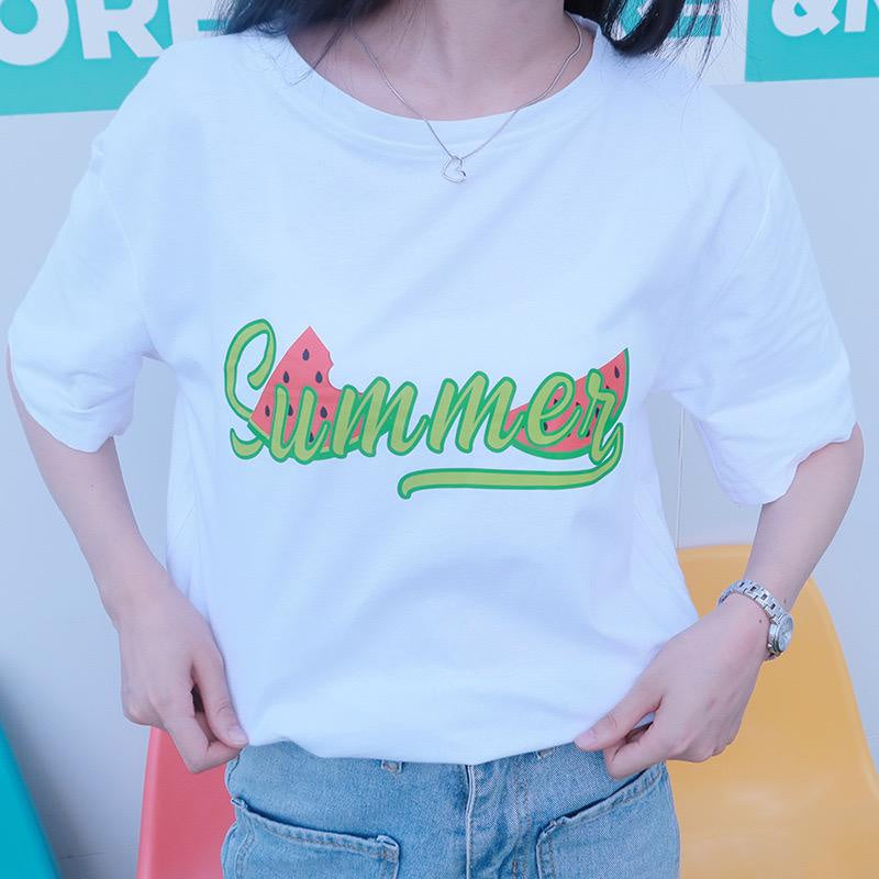 Kaos Oversize Watermelon Summer T-shirt Warna Terang Semangka Hijau Merah Calligraphy Baju Couple Unisex Segar Hitam Putih Simple Berkualitas Korean Style