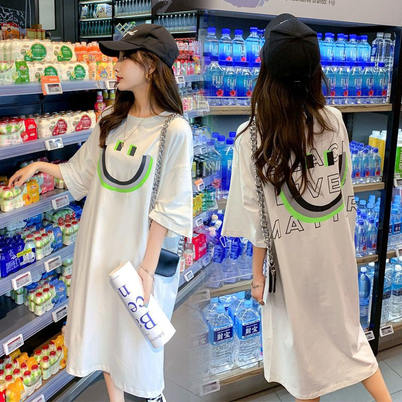 Dress Kaos Oversize Bentuk Smile Black Live Matter Hitam Putih Neon Smily Baju Terusan Panjang Santai Simple Unik Elegan Berkualitas Emoticon Senyum Lengan Pendek Korean Style