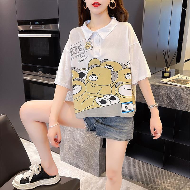 Kaos Oversize Crop Berkerah Big Bear Hijau Putih Many Bears in Cashier Simple Unik T-shirt Polo Banyak Beruang Berkualitas Your Super Power Baju Kerja Kuliah Jalan Korean Style