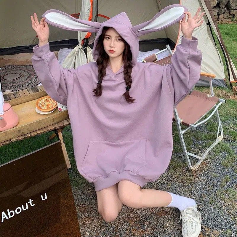 Hoodie Oversize Telinga Kelinci Panjang Long Rabbit Ears Hoodie Unik Viral Polos Berkualitas Sweater Bertopi Lucu Sweatshirt Couple Unisex Bunny Korean Style