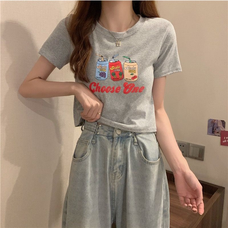Crop Top Fruit Soda Drink Choose One Hitam Putih Abu Sablon Colorful Berkualitas Simple Elegan Atasan Kaos Crop Unik Aesthetic Motif Minuman Kaleng Buah Grape Pineapple Cherry Korean Style