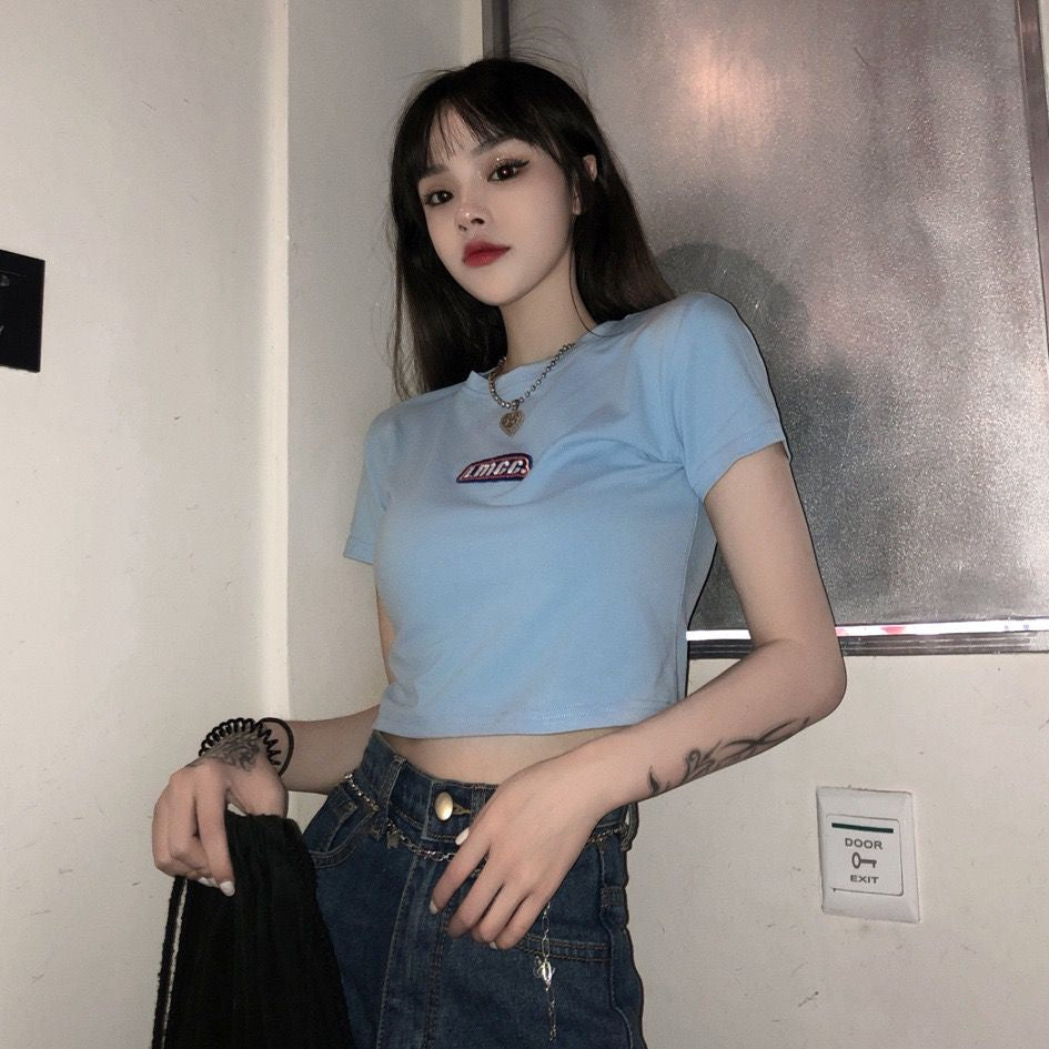 Crop Top LMCC Swag Simple Polos Elegan Hitam Pink Biru Atasan Kaos Crop Polos Bordir Premium Berkualitas High Neck Swaggy Street Korean Style
