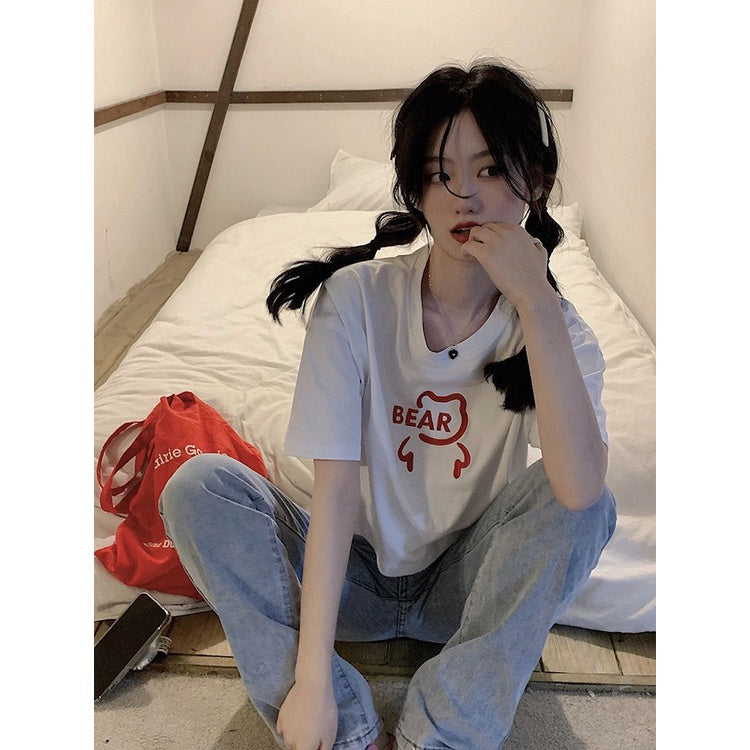 Crop Top Lebar Bear Hitam Putih Merah Atasan Polos Sablon Berkualitas Beruang Simple Unik Elegan Aesthetic Kaos Beruang Korean Style