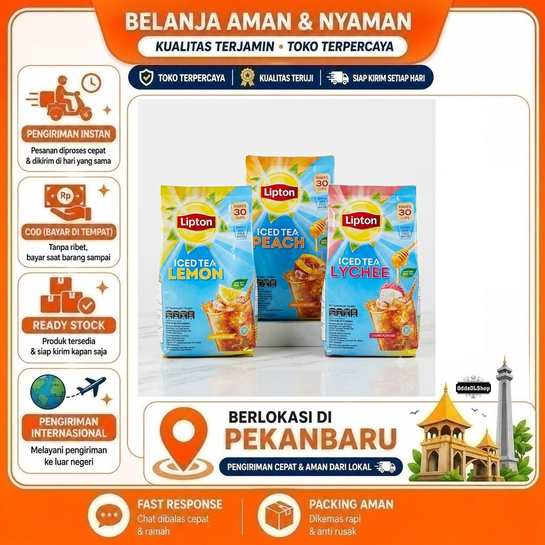 Lipton Iced Tea Instant Powder Drink, Minuman Bubuk Instan Rasa Leci, Lemon, dan Persik, Halal, COD