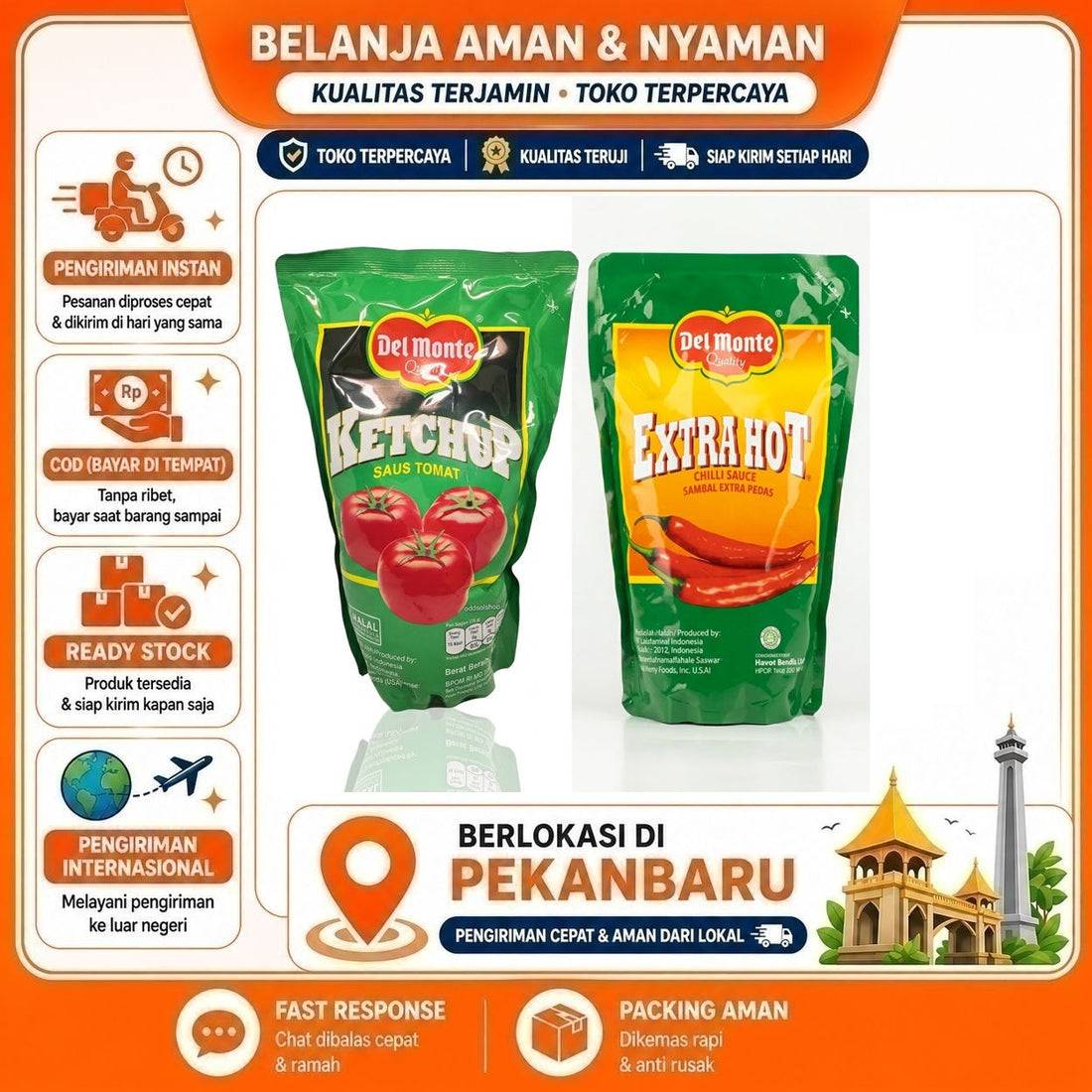 Del Monte Extra Hot Chilli Sauce Sambal Ekstra Pedas, Ketchup Saus Tomat, Pouch 1 kg, Praktis Halal
