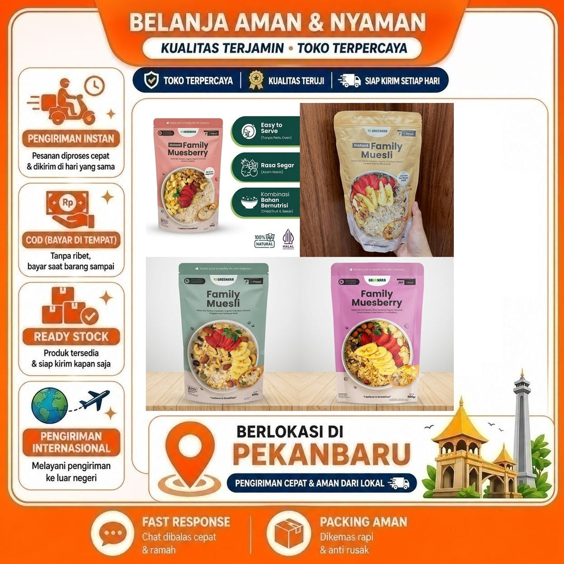 Greenara Instant Family Muesli dan Muesberry 500 gr, Sarapan Sehat Oatmeal Kaya Serat Halal Praktis