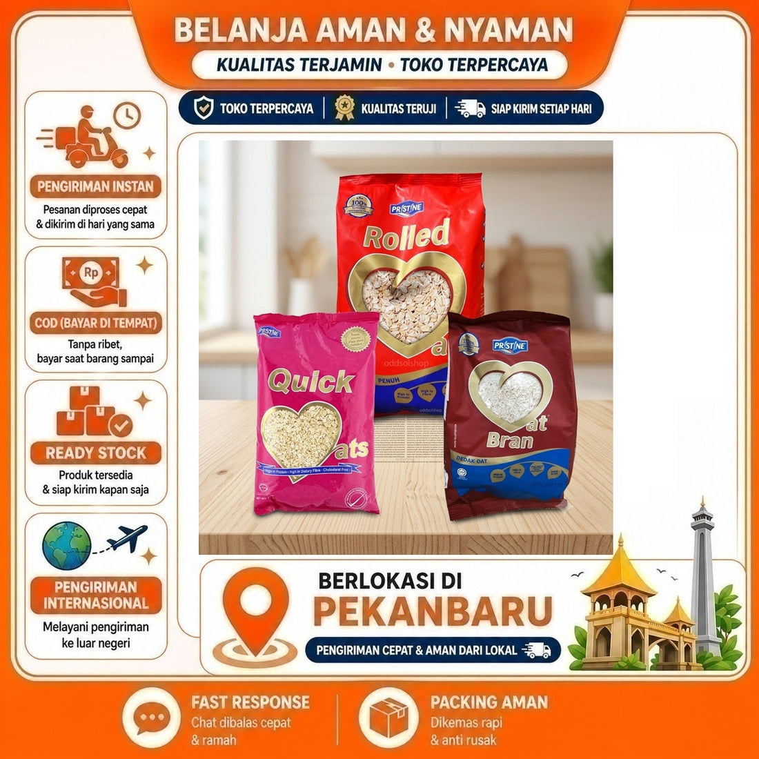 Pristine Quick Oats Cepat Masak 750 gr, Rolled Oats Utuh, Oat Bran 500 gr Dedak, Menu Sarapan Sehat