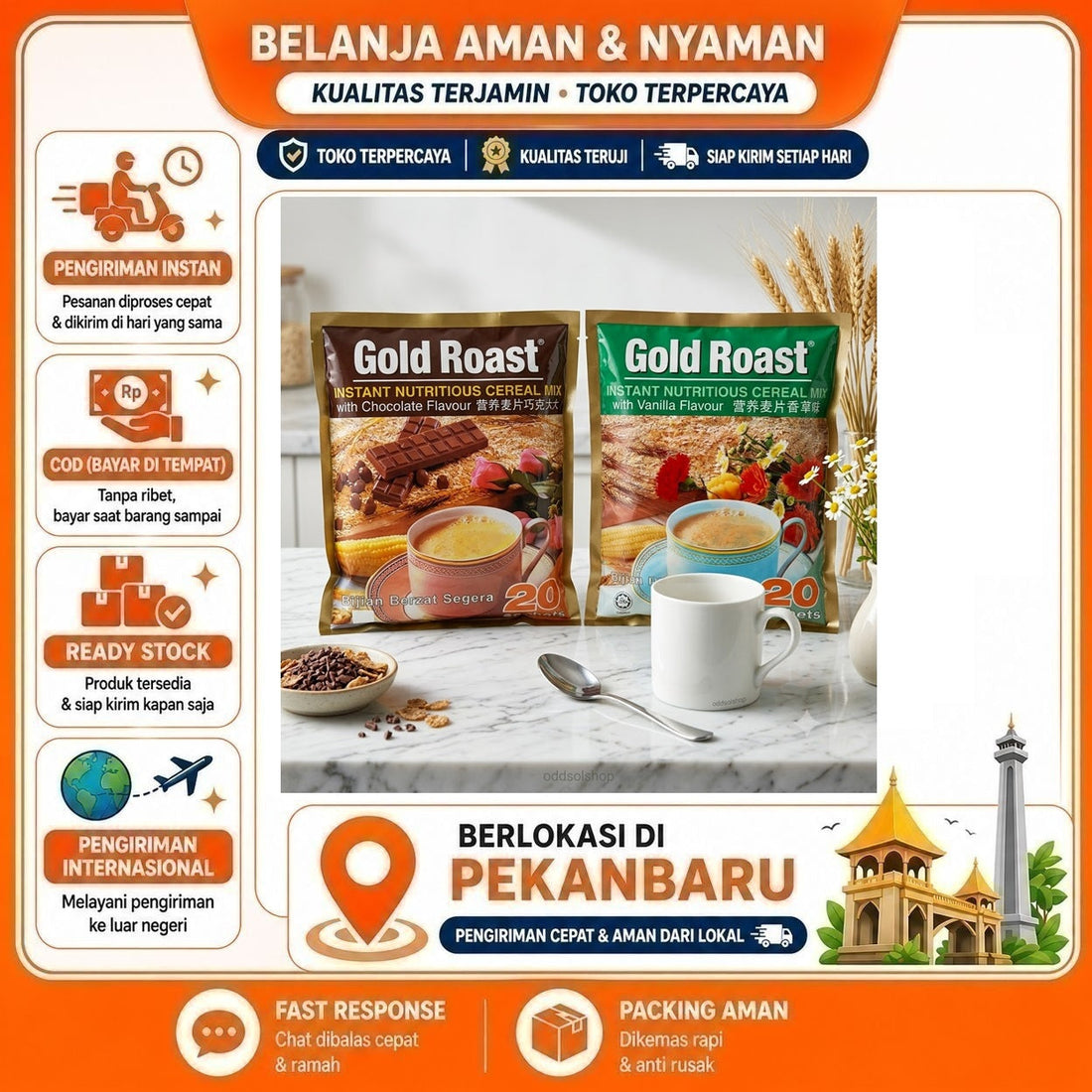 Gold Roast Vanilla & Chocolate Cereal Mix 20 Sachet, Sereal Instan Rasa Cokelat dan Vanila, Halal