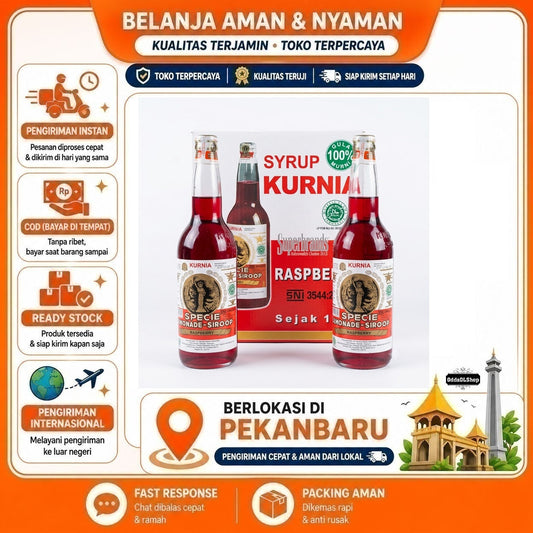Sirup Kurnia Raspberry 600 ml - Rasa Asli, 100% Gula Murni, Tanpa Pemanis Buatan, Kemasan Botol Kaca