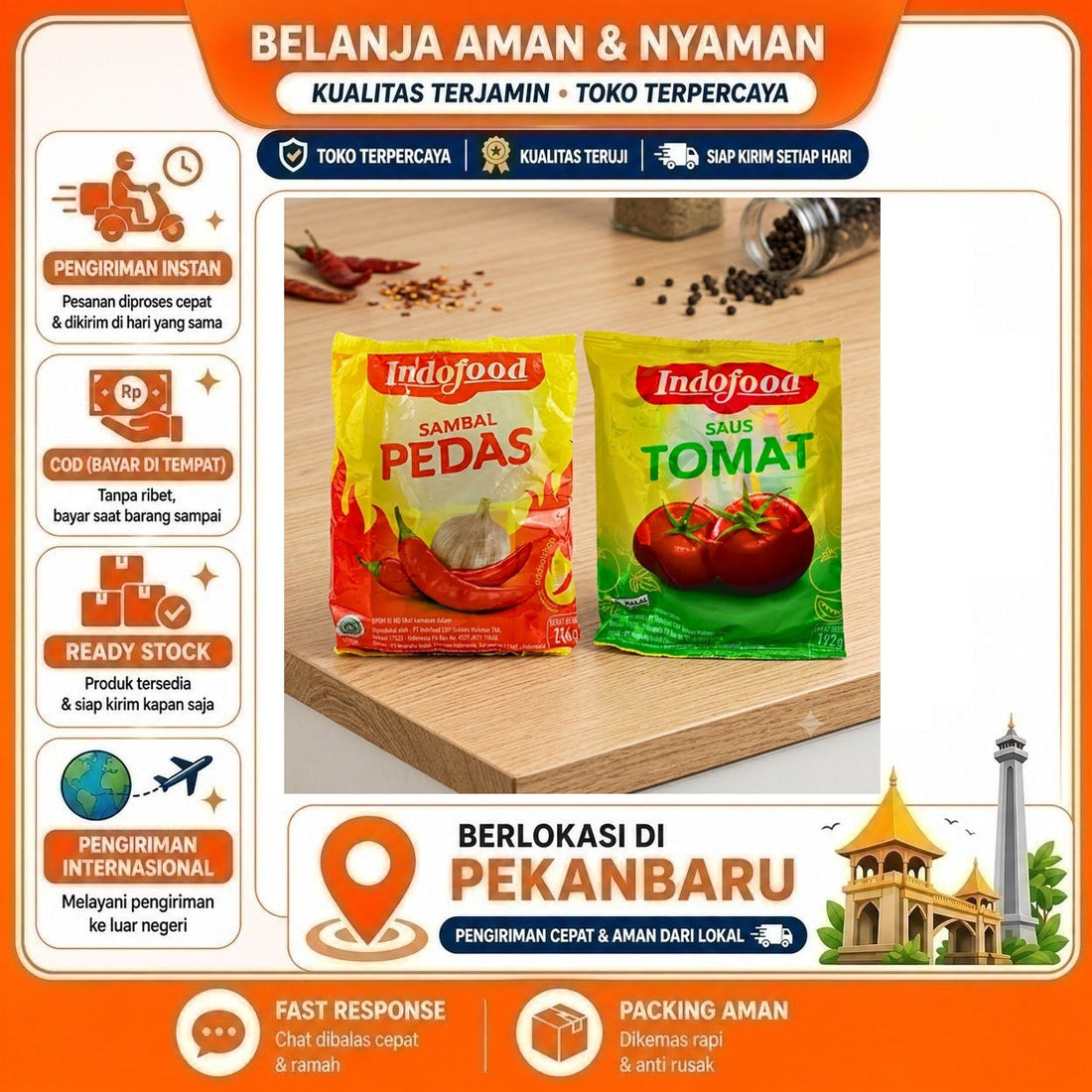 Indofood Sambal Pedas dan Saus Tomat 24 Sachet, Saos Sambal, Tomato Sauce, Kemasan Praktis, Halal