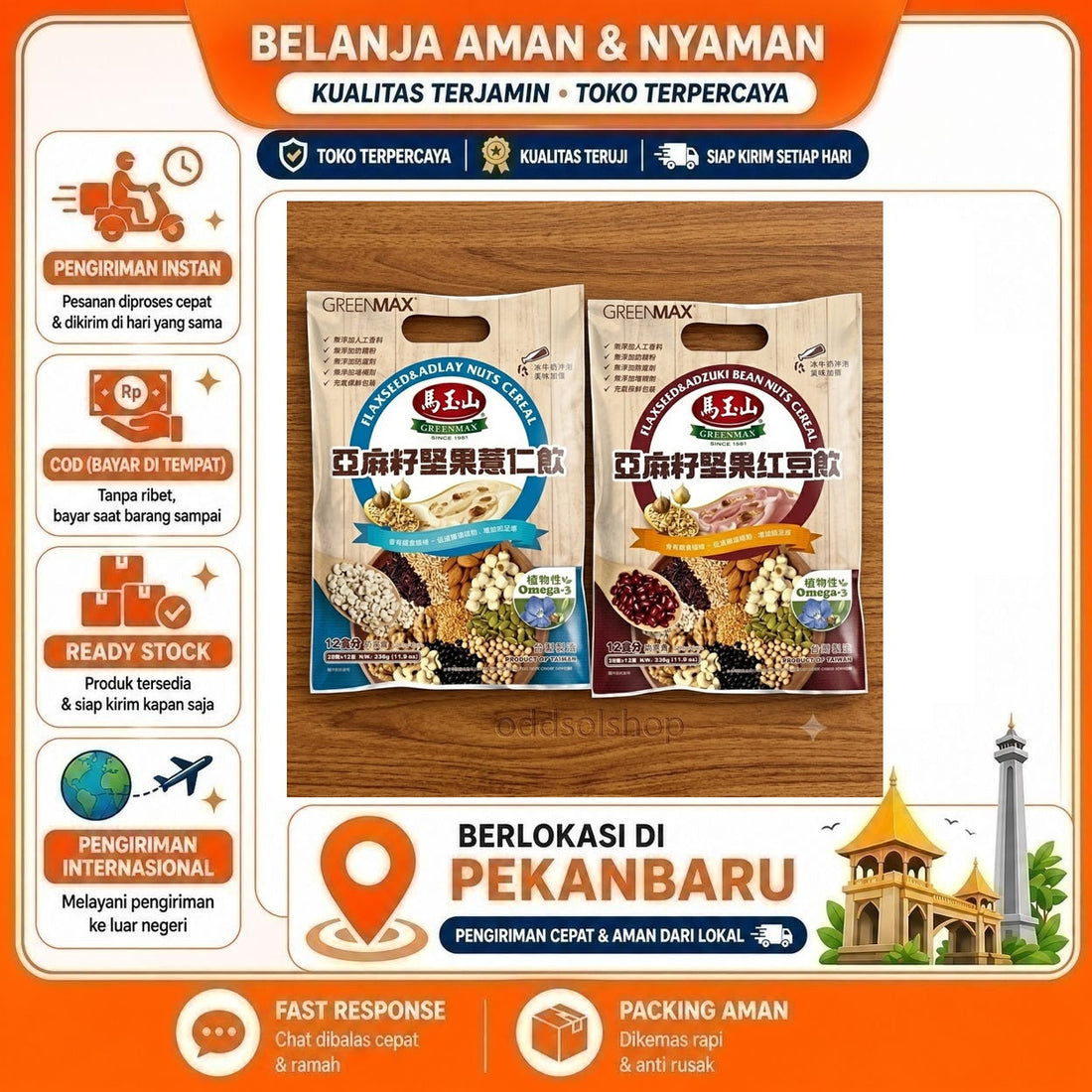 Greenmax Flaxseed & Adlay Nuts Cereal Adzuki Red Beans 12 Sachet, Nutrisi Omega 3, Pilihan Sehat COD