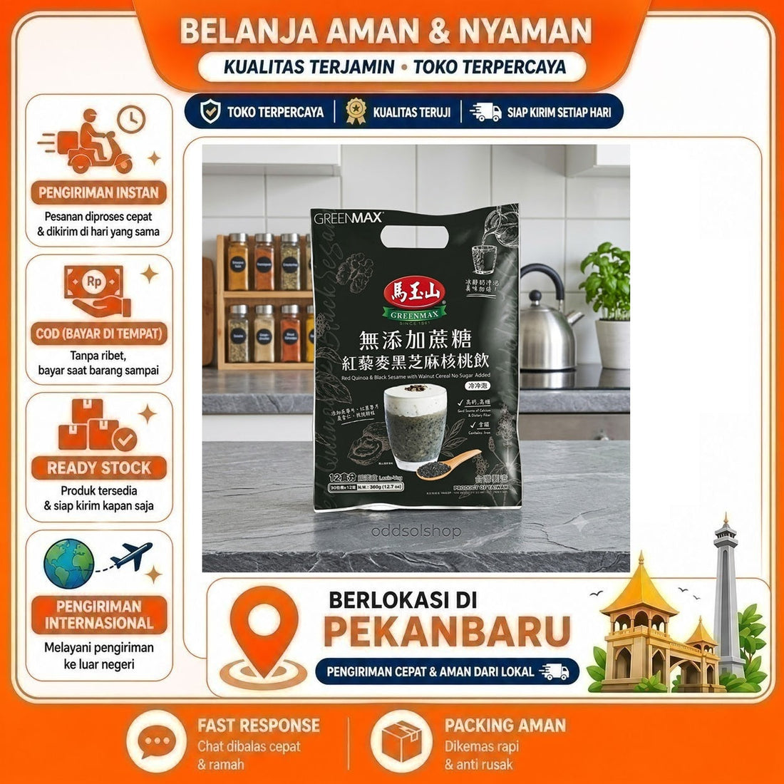 Greenmax Red Quinoa & Black Sesame with Walnut Cereal 12 Sachet, Serbuk Minuman Quinoa Merah Wijen