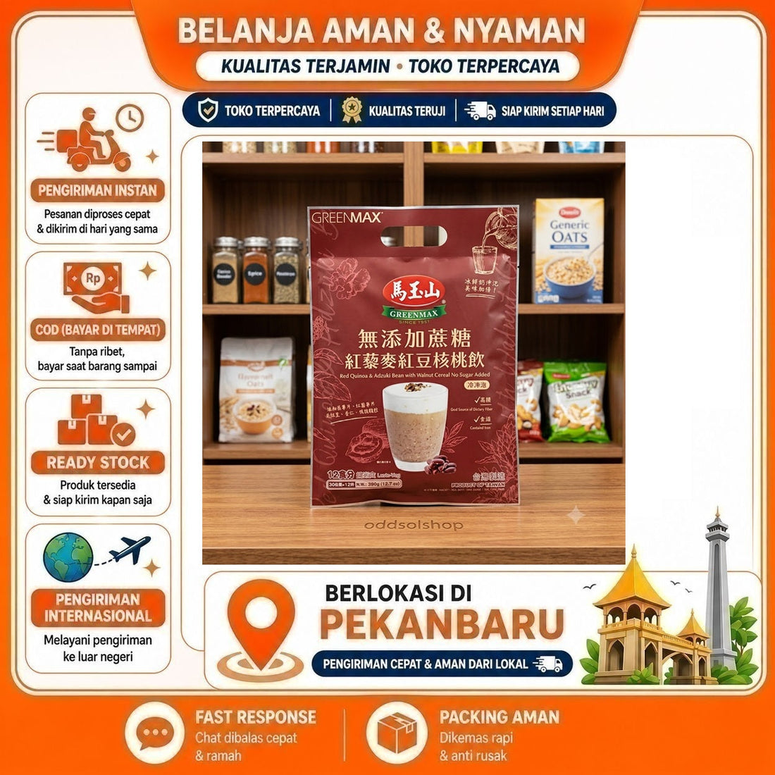 Greenmax Red Quinoa & Adzuki Red Bean with Walnut Cereal 12 Sachet, Serbuk Minuman Sereal Kacang 30g