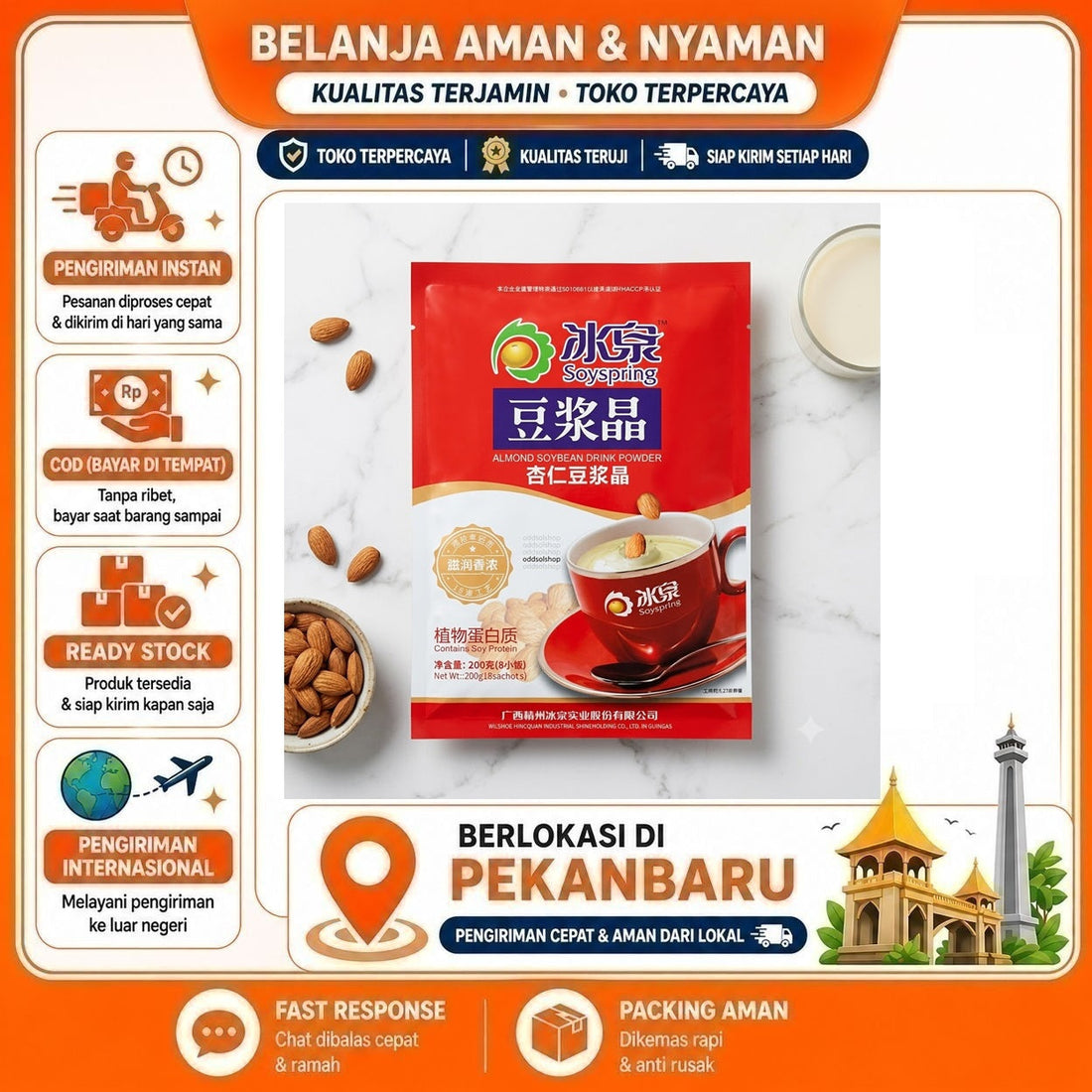 Soyspring Almond Soybean Drink Powder 200 gr, Minuman Serbuk Kedelai dengan Almond Instan Halal 200g