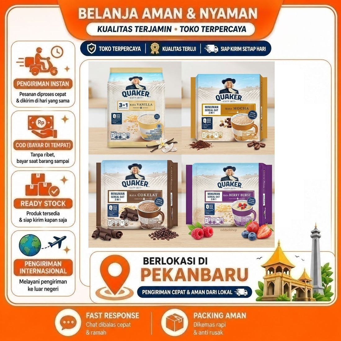 Quaker 3in1 Minuman Sereal Oat Rasa Berry Burst, Vanilla, Chocolate, Mocha, Moka, Cokelat, Vanila