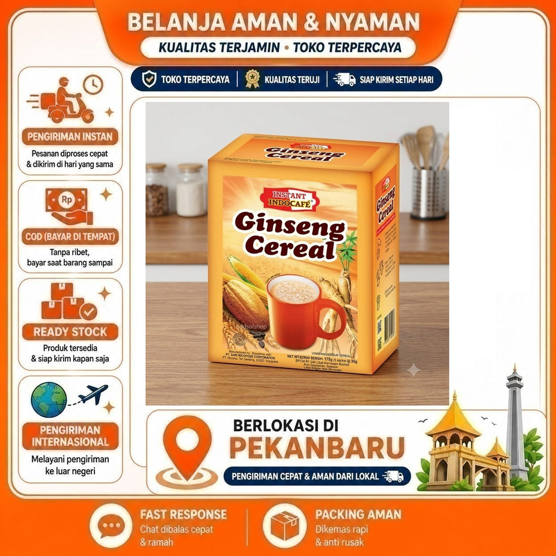Indocafe Ginseng Cereal 5 Sachet, Minuman Serbuk Sereal Instan, Minuman Bubuk Instan Rasa Ginseng 5s