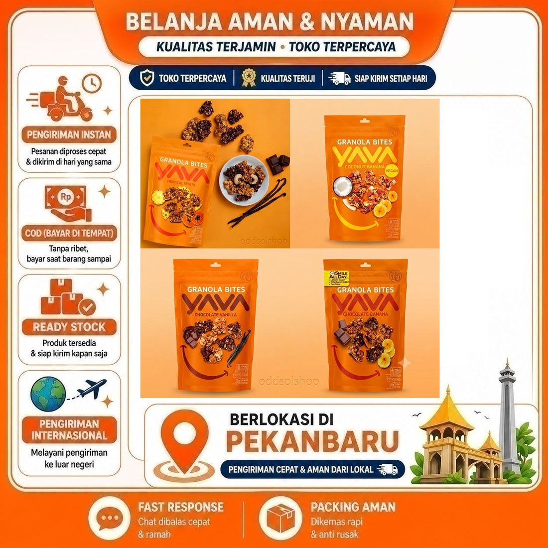 Yava Bites East Bali Cashews Granola Chocolate Banana, Vanilla, Coconut Banana, Tropical Fruit 125gr