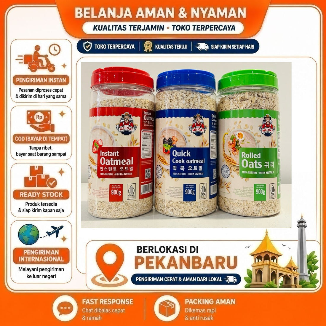 Mr. Oat Instant Oatmeal, Quick Cook Oatmeal, Rolled Oats 900 gr, Menu Sarapan Sereal Makanan Sehat