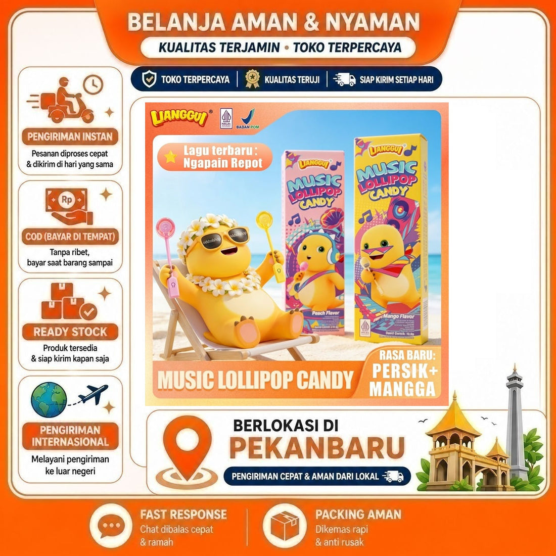 Lianggui Music Lollipop Candy Rasa Buah Persik dan Mangga, Suara Lucu, Desain Anime Nailong, Halal