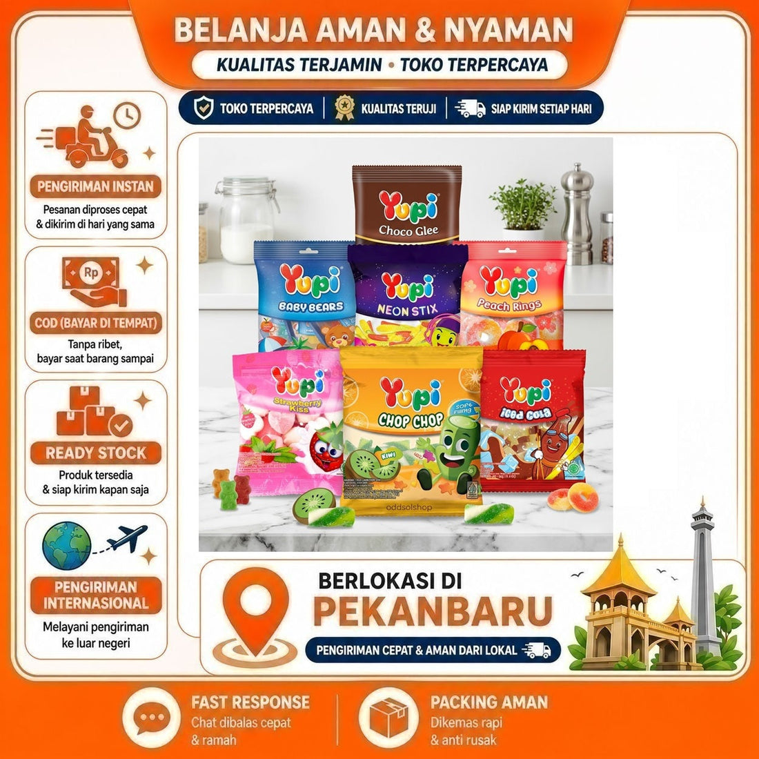 Permen Yupi 45 gr Rasa Strawberry Kiss, Choco Glee, Peach Rings, Neon Stix, Iced Cola, Baby Bears