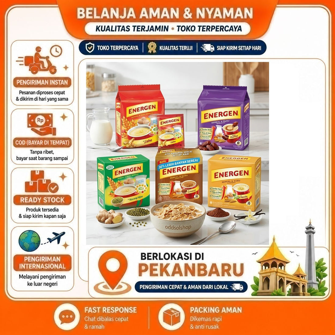 Energen Sereal & Susu 10 Sachet, Minuman Serbuk Sereal dengan Kurma, Jahe, Kacang Hijau, Cokelat COD
