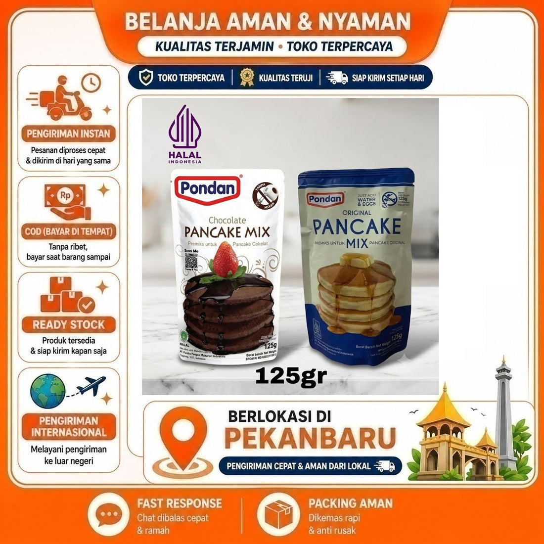 Pondan Pancake Mix 125 gr, Premiks untuk Kue Pancake Rasa Cokelat dan Original, Cakes Instant Premix