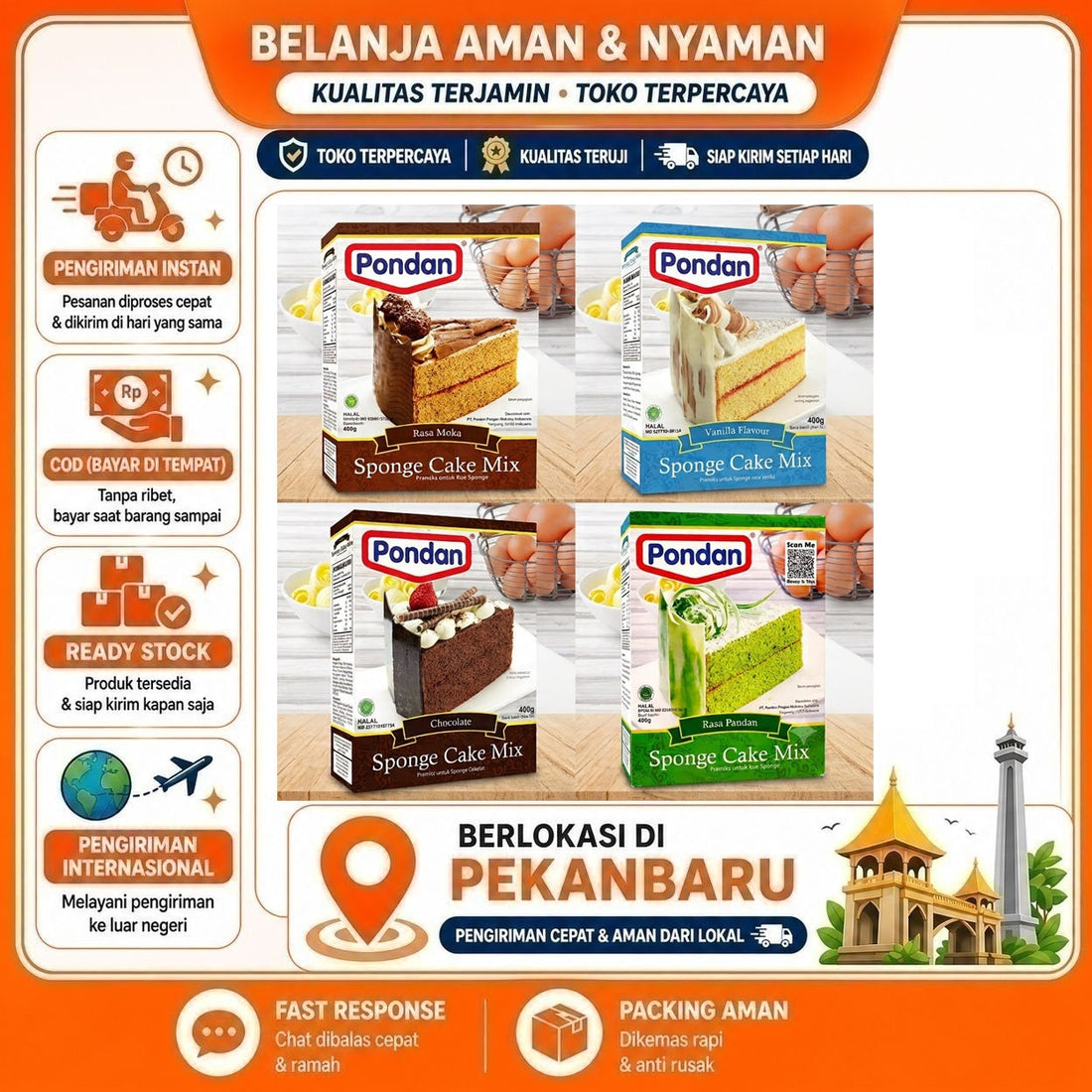 Pondan Sponge Cake 400 gr 4 Rasa Mudah Dibuat, Premiks untuk Kue Sponge Pandan, Cokelat, Vanila, COD
