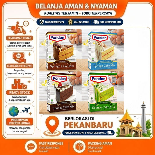 Pondan Sponge Cake 400 gr 4 Rasa Mudah Dibuat, Premiks untuk Kue Sponge Pandan, Cokelat, Vanila, COD