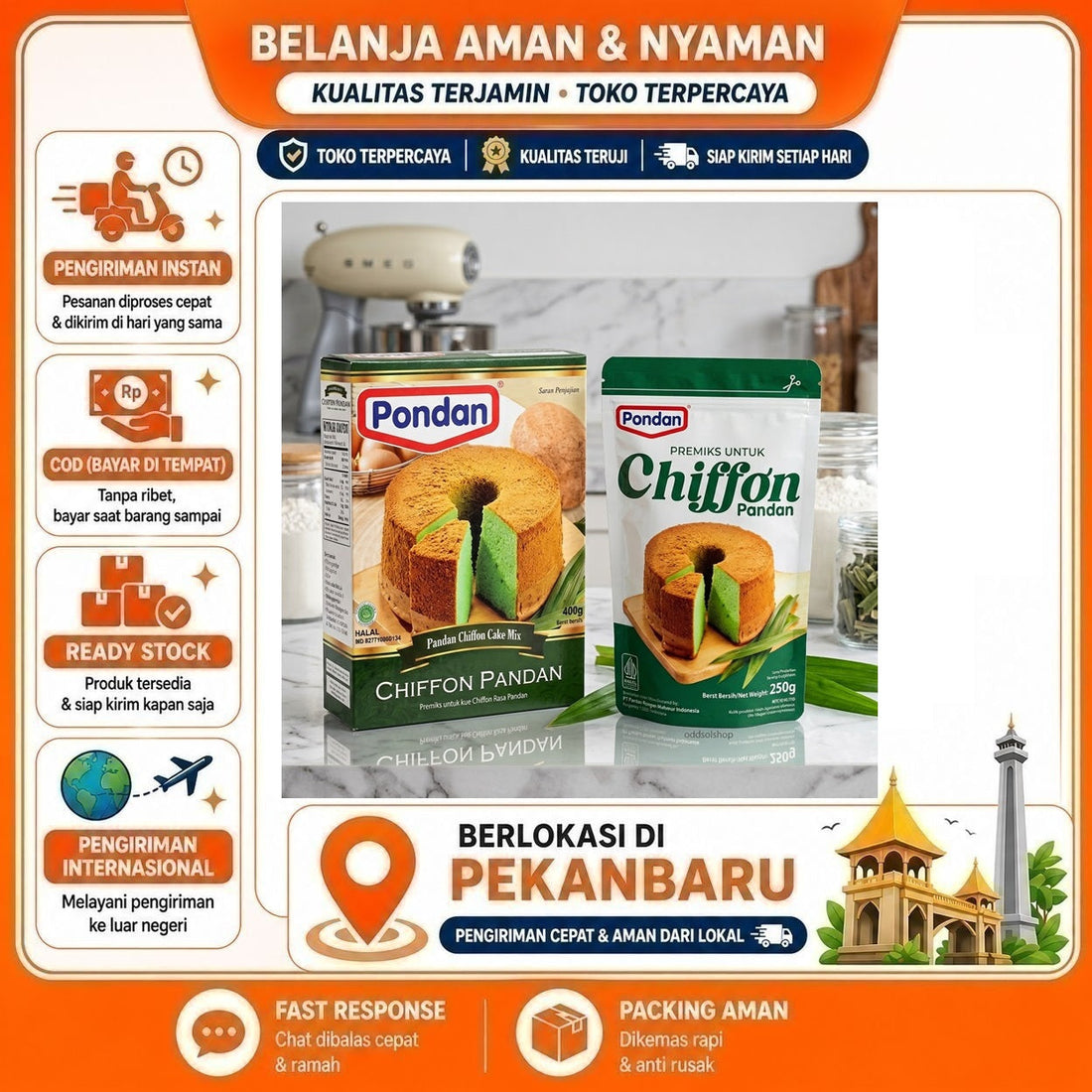 Pondan Pandan Chiffon Cake Mix 250 gr + 400 gr, Premiks untuk Kue Chiffon Rasa Pandan, Praktis, Enak