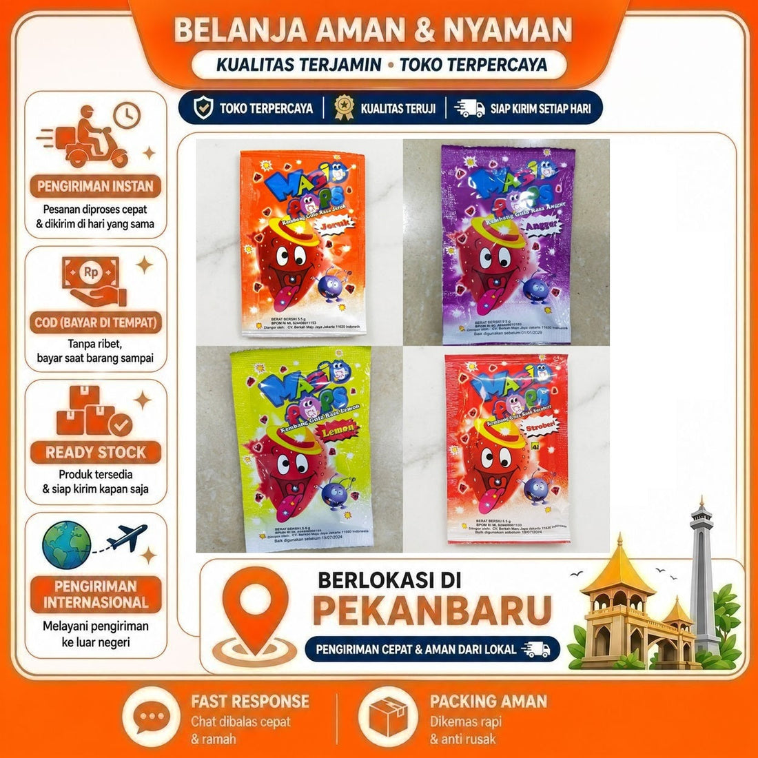 Permen Magic Pops, Popping Candy Rasa Jeruk, Anggur, Stroberi, dan Lemon, Kembang Gula, 5.5 gr, Enak