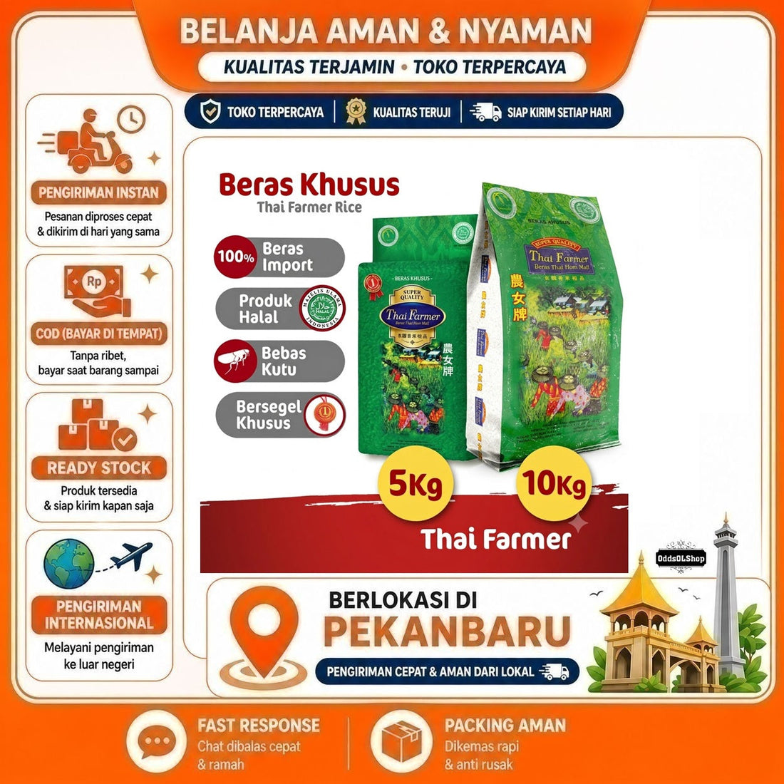 Beras Thai Hom Mali Thai Farmer 5 kg dan 10 kg, Beras Khusus Aroma Harum, Tekstur Lembut, Rasa Gurih