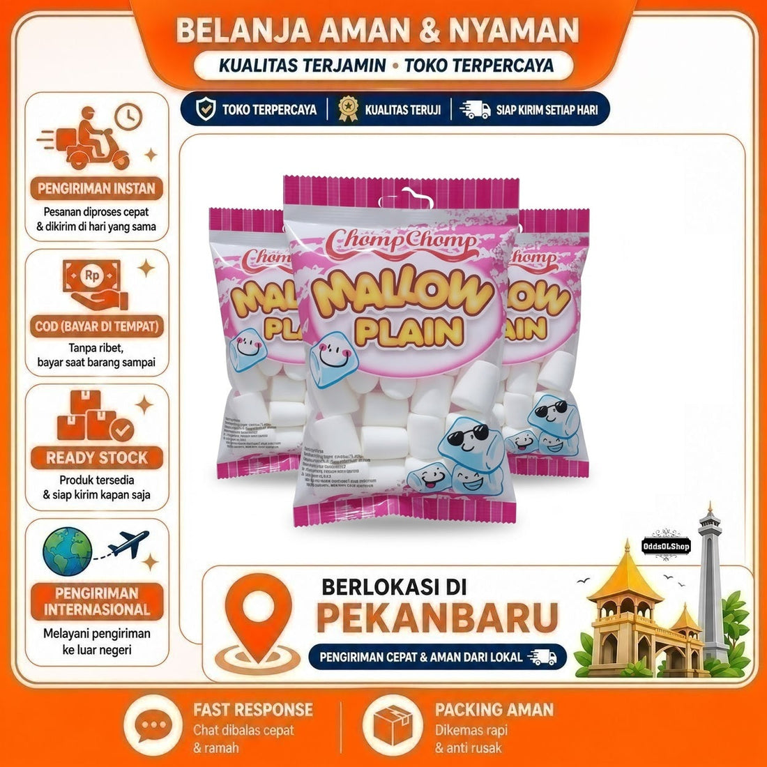 Chomp Chomp Mallow Plain Marshmallow 50g - Tekstur Lembut, dan Kenyal, Cita Rasa Manis, Halal, COD