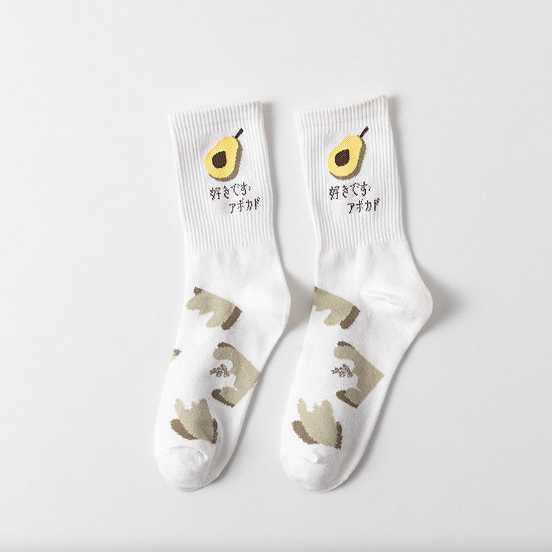Kaos Kaki Panjang Motif Avocado Women Socks Import Kaos Kaki Berkualitas Hijau Putih Buah Korean Style