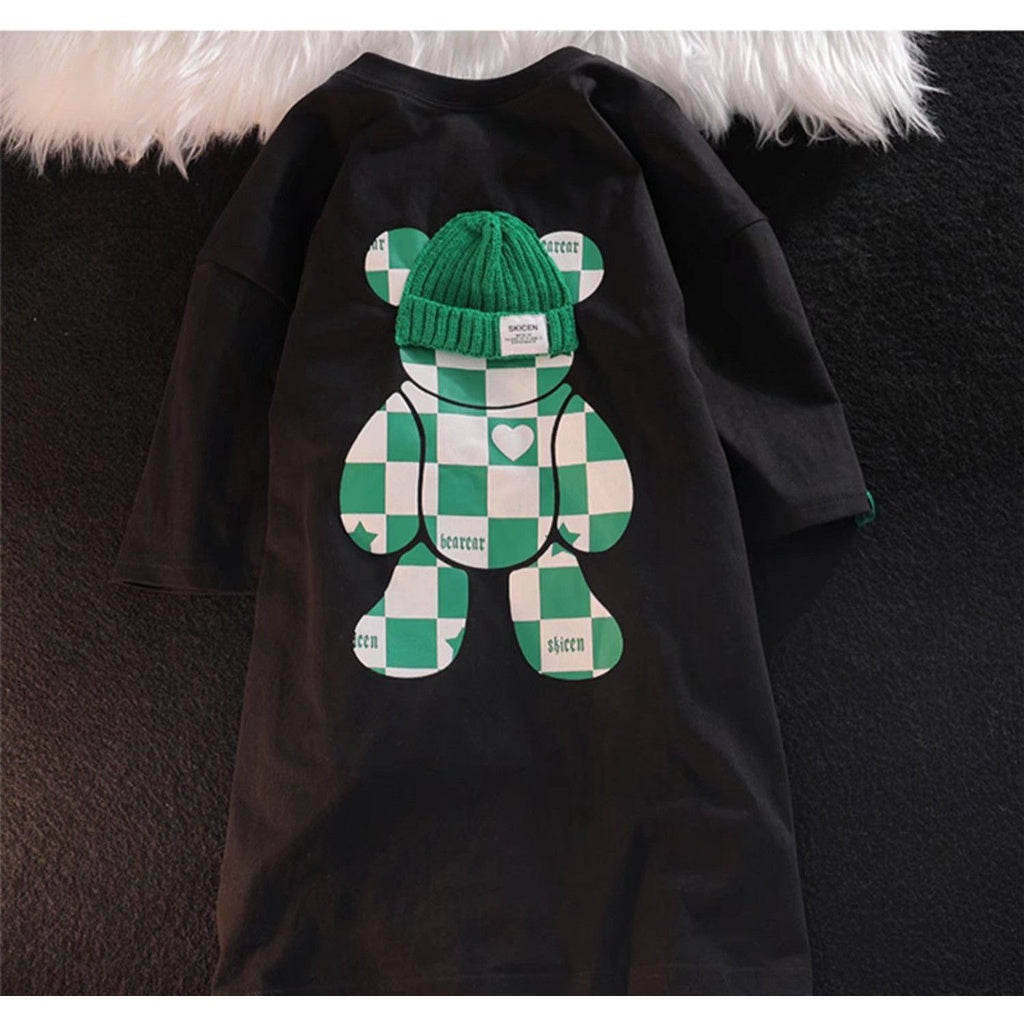 Kaos Oversize Bearbrlck Topi Rajut Asli Tshirt Square Motif Catur Two Tone Skicen Bearear T-shirt Unik Lucu Berkualitas With A Real Knit Beanie Hat Street Style Love Bear Beruang Lucu Korean Style
