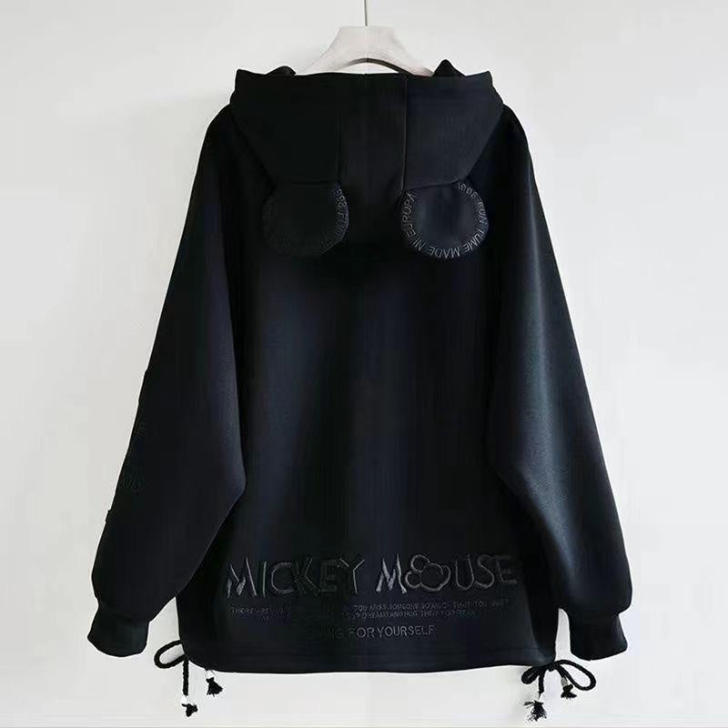 Jaket Mickey Mouse Zipper Oversize Hoodie Resleting Hitam Putih Abu-Abu Telinga Bulat Lucu Unik Berkualitas Hoodie Jacket Living For Yourself Bordir Topi Telinga Tikus Lucu Unisex Korean Style