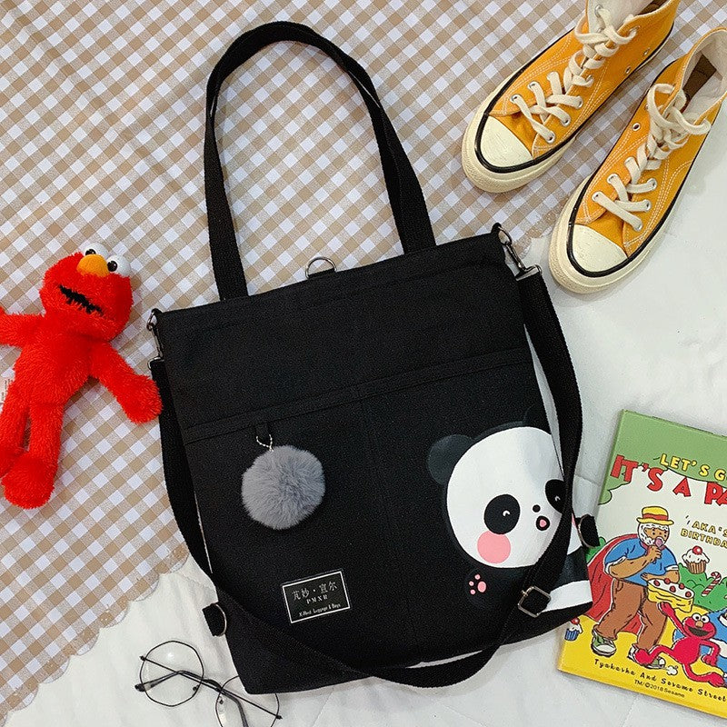 Tote Bag Panda Imut Lucu Unisex Tas Totebag Resleting Multifungsi Berkualitas Tas Tote Kuliah Sekolah Motif Panda Pom-Pom Lucu Korean Style