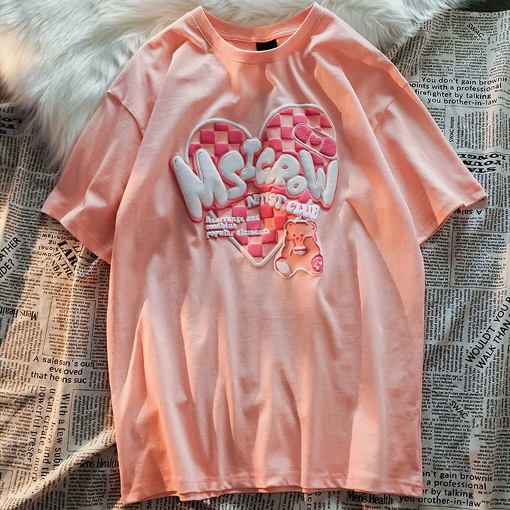 Kaos Oversize Msicrow Love Artist Club T-shirt Unik Berkualitas Bear Beruang Love Square Rearrange and Combine Popular Elements Korean Style