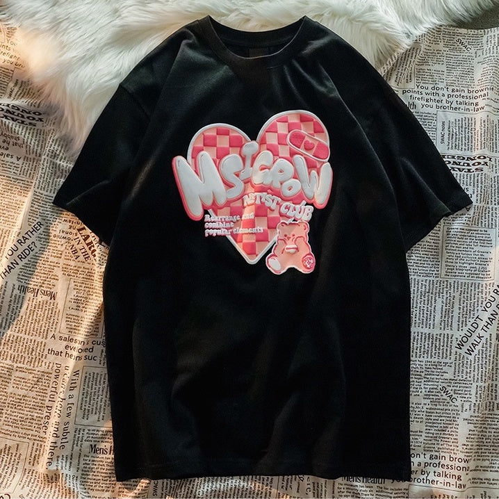 Kaos Oversize Msicrow Love Artist Club T-shirt Unik Berkualitas Bear Beruang Love Square Rearrange and Combine Popular Elements Korean Style