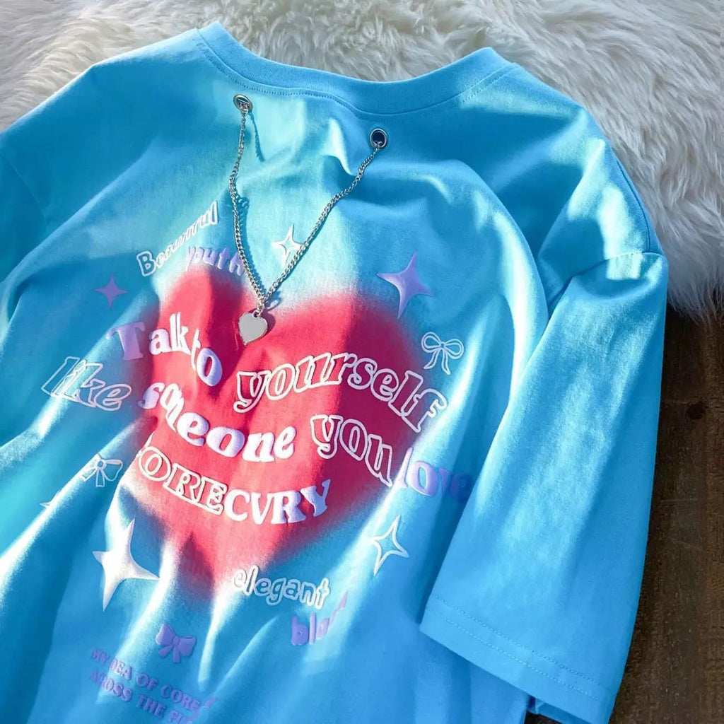 Kaos Oversize Love Chain Talk To Yourself Like Someone You Love T-shirt Couple Unik With Additional Chain Kaos Timbul Berkualitas Aesthetic Tshirt Elegant Bloom Love Beautiful Street Style Korean Style