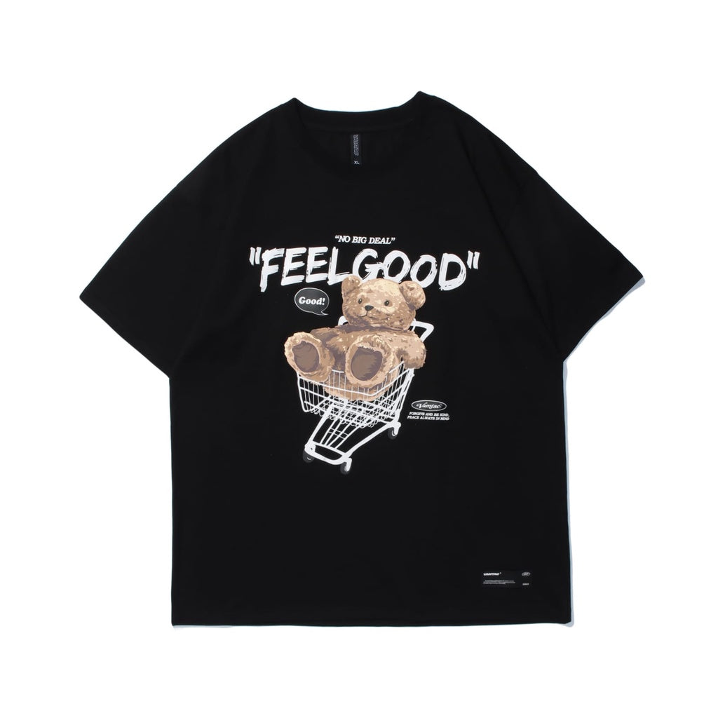 Kaos Oversize Teddy Bear Trolley Kaos Couple T-Shirt Hitam Cream Kaos Feel Good Korean Style