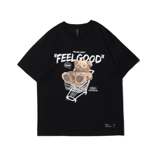 Pekanbaru Kaos Oversize Teddy Bear Trolley Kaos Couple T-Shirt Hitam Cream Kaos Feel Good Korean Style